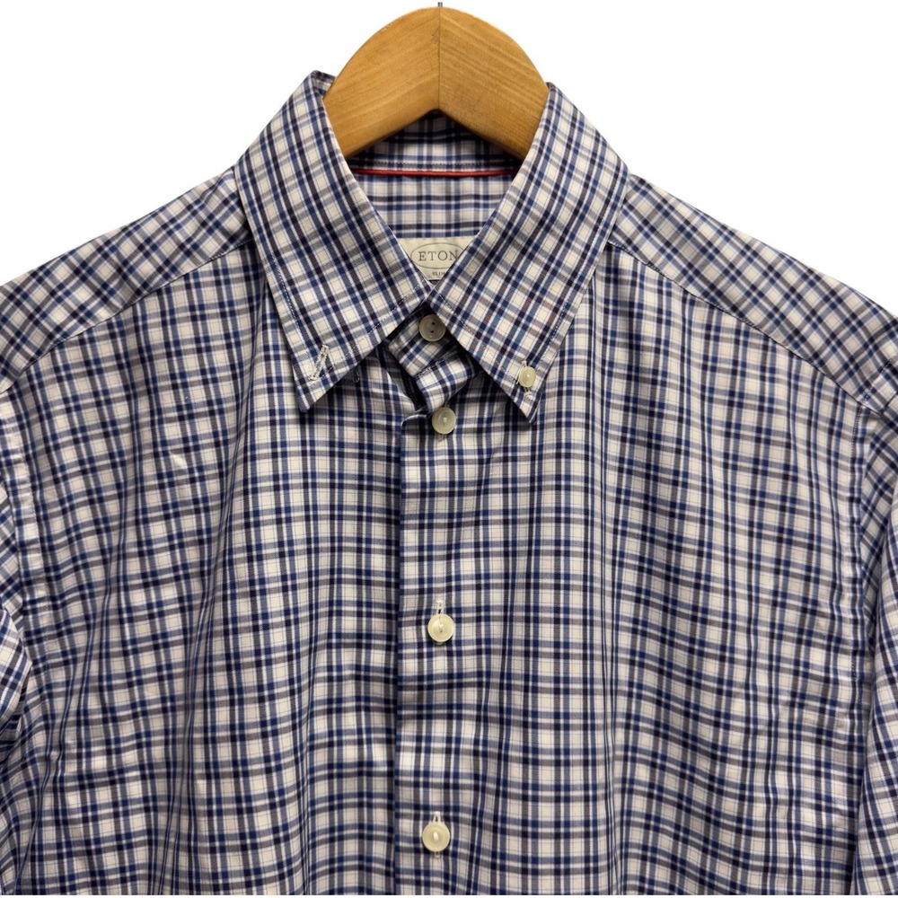 Eton Men's Size 41/16 Slim Fit Button Down Blue/White Plaid Cotton L/S Shirt guc